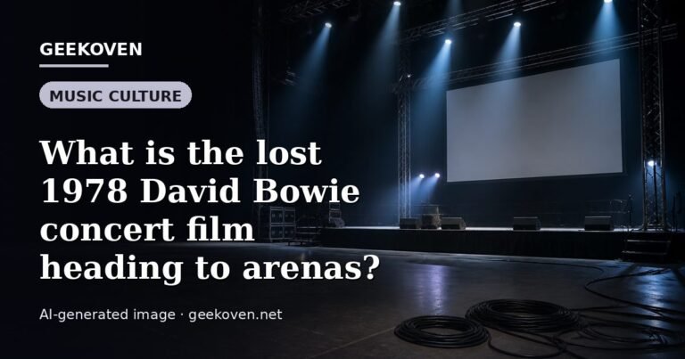 Illustration for the Music Culture article “What is the lost 1978 David Bowie concert film heading to arenas?”: an AI-generated editorial illustration showing a scene illustrating the subject of the article, with the headline set over it. Illustrative only, not a photograph of a real event.