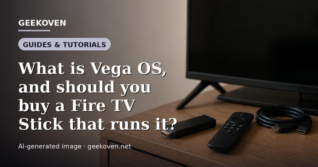 Illustration for the Guides & Tutorials article “What is Vega OS, and should you buy a Fire TV Stick that runs it?”: an AI-generated editorial illustration showing a stadium crowd seen from high above, lights arranged in coordinated patterns, with the headline set over it. Illustrative only, not a photograph of a real event.