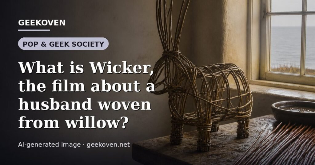 Illustration for the Pop & Geek Society article “What is Wicker, the film about a husband woven from willow?”: an AI-generated editorial illustration showing a scene illustrating the subject of the article, with the headline set over it. Illustrative only, not a photograph of a real event.