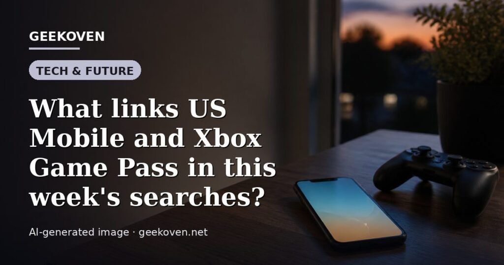Illustration for the Tech & Future article “What links US Mobile and Xbox Game Pass in this week's searches?”: an AI-generated editorial illustration showing a studio workspace seen from above, with a production timeline across the wall, with the headline set over it. Illustrative only, not a photograph of a real event.