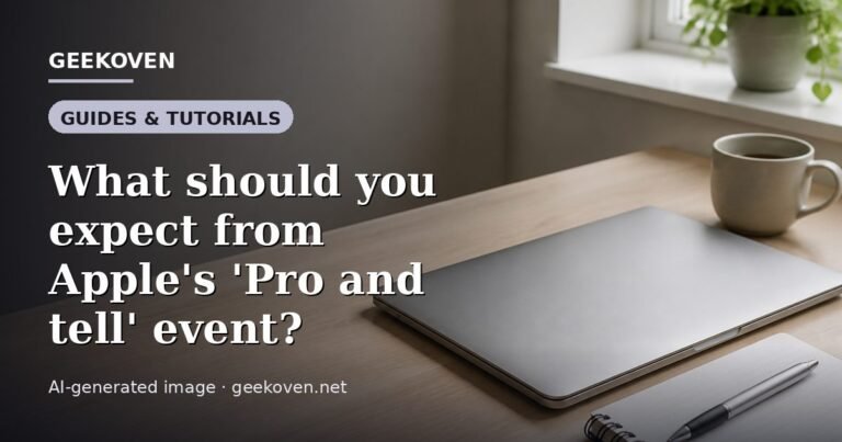 Illustration for the Guides & Tutorials article “What should you expect from Apple's 'Pro and tell' event?”: an AI-generated editorial illustration showing a scene illustrating the subject of the article, with the headline set over it. Illustrative only, not a photograph of a real event.