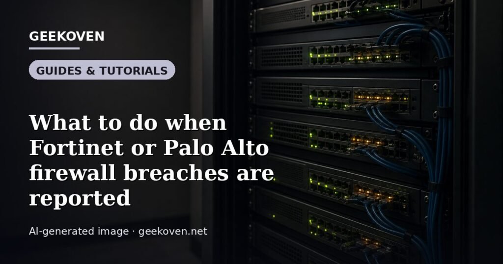 Illustration for the Guides & Tutorials article “What to do when Fortinet or Palo Alto firewall breaches are reported”: an AI-generated editorial illustration showing a scene illustrating the subject of the article, with the headline set over it. Illustrative only, not a photograph of a real event.