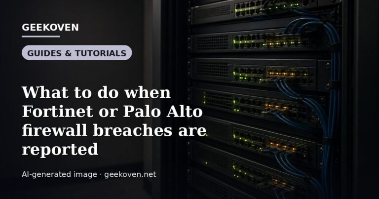 Illustration for the Guides & Tutorials article “What to do when Fortinet or Palo Alto firewall breaches are reported”: an AI-generated editorial illustration showing a scene illustrating the subject of the article, with the headline set over it. Illustrative only, not a photograph of a real event.