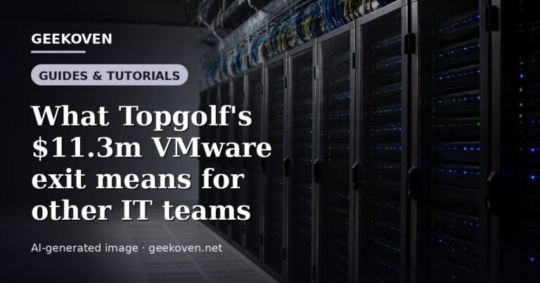 Illustration for the Guides & Tutorials article “What Topgolf's $11.3m VMware exit means for other IT teams”: an AI-generated editorial illustration showing a server hall with long rows of equipment cabinets and power infrastructure, with the headline set over it. Illustrative only, not a photograph of a real event.