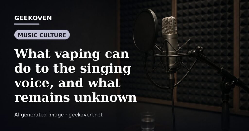 Illustration for the Music Culture article “What vaping can do to the singing voice, and what remains unknown”: an AI-generated editorial illustration showing a scene illustrating the subject of the article, with the headline set over it. Illustrative only, not a photograph of a real event.