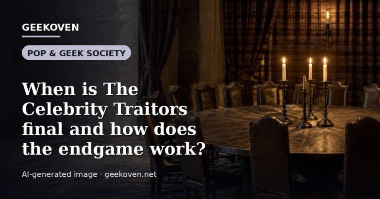 Illustration for the Pop & Geek Society article “When is The Celebrity Traitors final and how does the endgame work?”: an AI-generated editorial illustration showing a scene illustrating the subject of the article, with the headline set over it. Illustrative only, not a photograph of a real event.