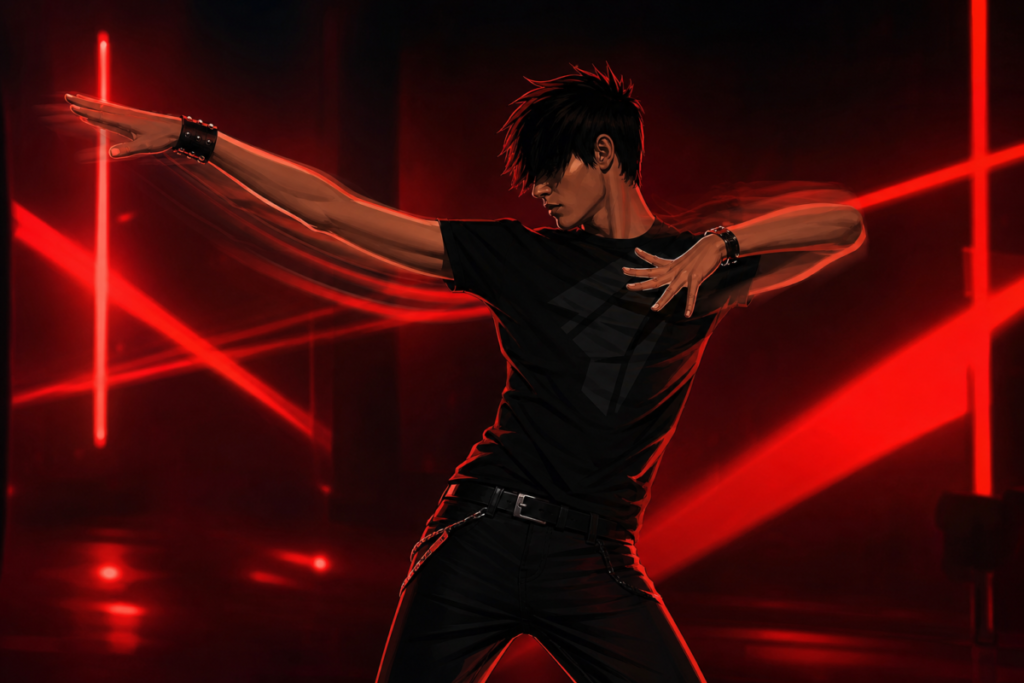 Illustration of a club-lit dancer performing sharp arm movements reminiscent of Tecktonik/electro dance, with abstract motion trails and a vertical-video aesthetic.