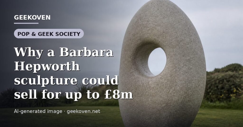 Illustration for the Pop & Geek Society article “Why a Barbara Hepworth sculpture could sell for up to £8m”: an AI-generated editorial illustration showing a scene illustrating the subject of the article, with the headline set over it. Illustrative only, not a photograph of a real event.