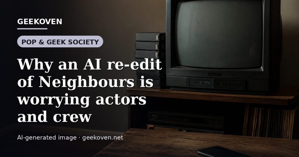 Illustration for the Pop & Geek Society article “Why an AI re-edit of Neighbours is worrying actors and crew”: an AI-generated editorial illustration showing a scene illustrating the subject of the article, with the headline set over it. Illustrative only, not a photograph of a real event.