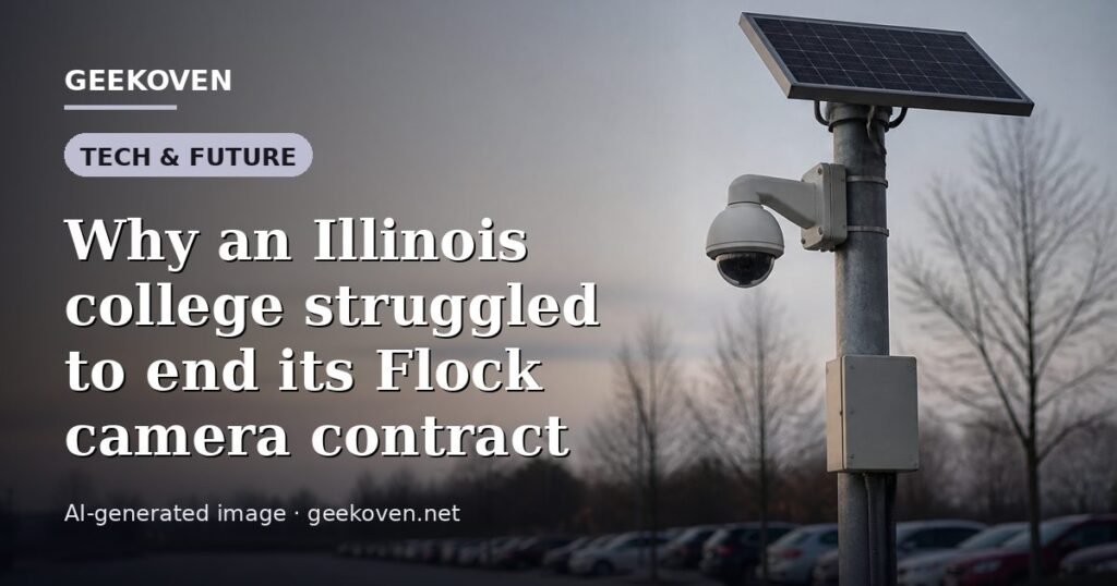 Illustration for the Tech & Future article “Why an Illinois college struggled to end its Flock camera contract”: an AI-generated editorial illustration showing a scene illustrating the subject of the article, with the headline set over it. Illustrative only, not a photograph of a real event.