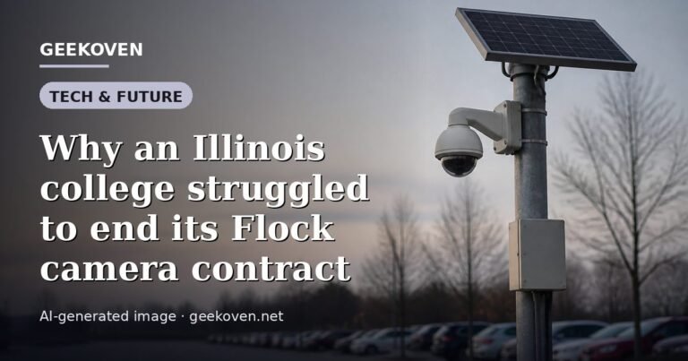 Illustration for the Tech & Future article “Why an Illinois college struggled to end its Flock camera contract”: an AI-generated editorial illustration showing a scene illustrating the subject of the article, with the headline set over it. Illustrative only, not a photograph of a real event.