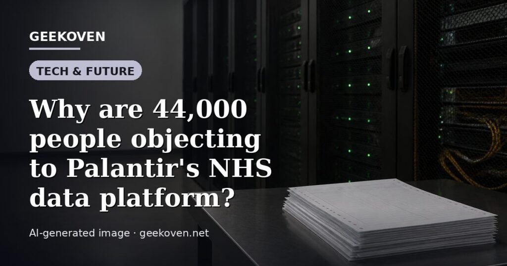 Illustration for the Tech & Future article “Why are 44,000 people objecting to Palantir's NHS data platform?”: an AI-generated editorial illustration showing a scene illustrating the subject of the article, with the headline set over it. Illustrative only, not a photograph of a real event.