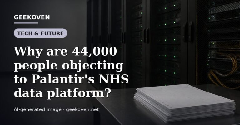 Illustration for the Tech & Future article “Why are 44,000 people objecting to Palantir's NHS data platform?”: an AI-generated editorial illustration showing a scene illustrating the subject of the article, with the headline set over it. Illustrative only, not a photograph of a real event.