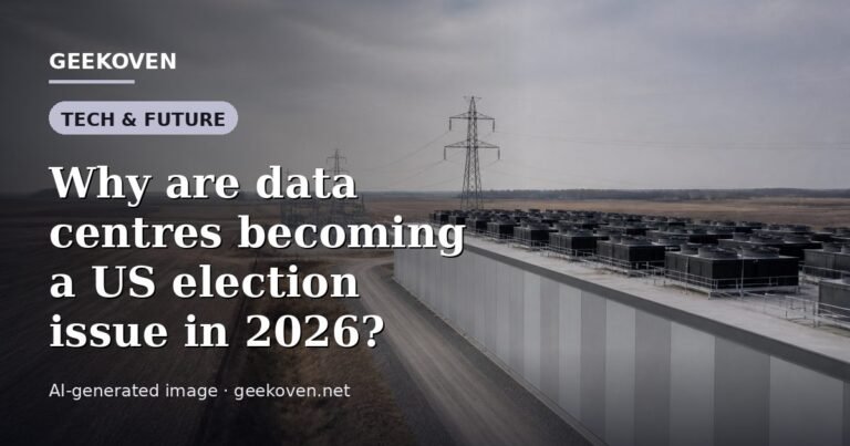 Illustration for the Tech & Future article “Why are data centres becoming a US election issue in 2026?”: an AI-generated editorial illustration showing a server hall with long rows of equipment cabinets and power infrastructure, with the headline set over it. Illustrative only, not a photograph of a real event.