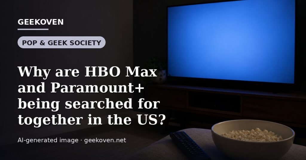 Illustration for the Pop & Geek Society article “Why are HBO Max and Paramount+ being searched for together in the US?”: an AI-generated editorial illustration showing a stadium crowd seen from high above, lights arranged in coordinated patterns, with the headline set over it. Illustrative only, not a photograph of a real event.