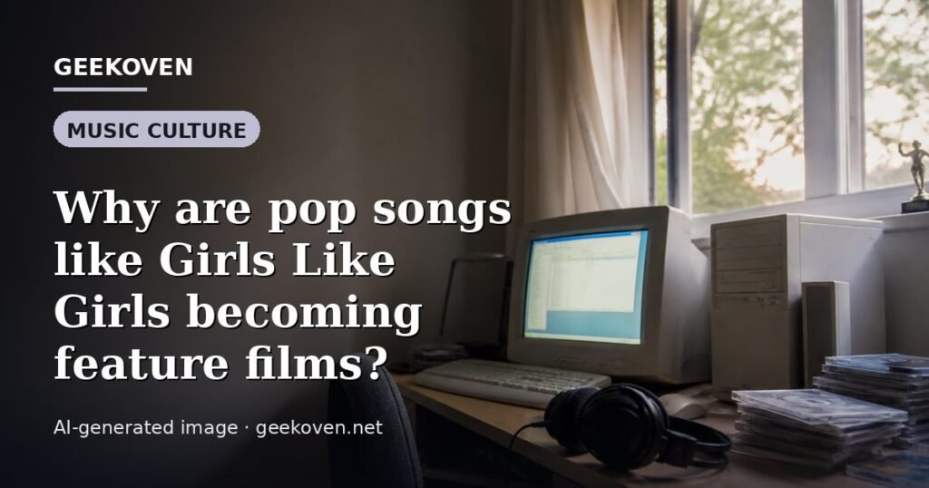 Illustration for the Music Culture article “Why are pop songs like Girls Like Girls becoming feature films?”: an AI-generated editorial illustration showing a scene illustrating the subject of the article, with the headline set over it. Illustrative only, not a photograph of a real event.