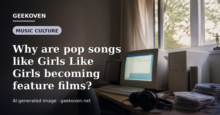 Illustration for the Music Culture article “Why are pop songs like Girls Like Girls becoming feature films?”: an AI-generated editorial illustration showing a scene illustrating the subject of the article, with the headline set over it. Illustrative only, not a photograph of a real event.