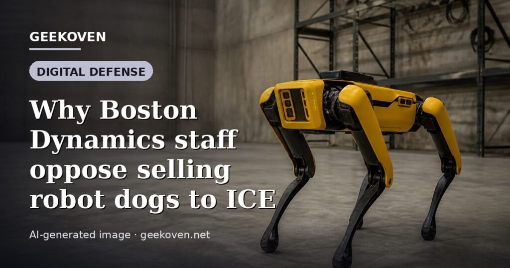 Illustration for the Digital Defense article “Why Boston Dynamics staff oppose selling robot dogs to ICE”: an AI-generated editorial illustration showing a scene illustrating the subject of the article, with the headline set over it. Illustrative only, not a photograph of a real event.