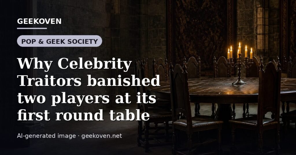 Illustration for the Pop & Geek Society article “Why Celebrity Traitors banished two players at its first round table”: an AI-generated editorial illustration showing a stadium crowd seen from high above, lights arranged in coordinated patterns, with the headline set over it. Illustrative only, not a photograph of a real event.