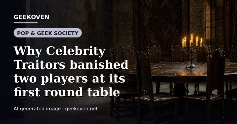 Illustration for the Pop & Geek Society article “Why Celebrity Traitors banished two players at its first round table”: an AI-generated editorial illustration showing a stadium crowd seen from high above, lights arranged in coordinated patterns, with the headline set over it. Illustrative only, not a photograph of a real event.