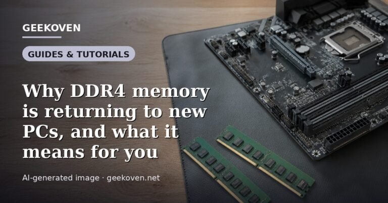 Illustration for the Guides & Tutorials article “Why DDR4 memory is returning to new PCs, and what it means for you”: an AI-generated editorial illustration showing a scene illustrating the subject of the article, with the headline set over it. Illustrative only, not a photograph of a real event.