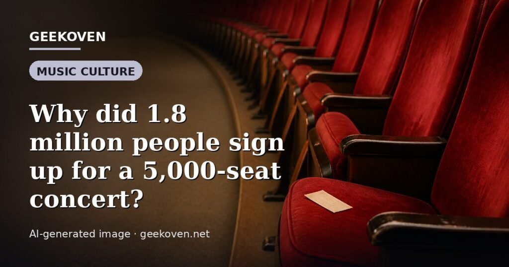 Illustration for the Music Culture article “Why did 1.8 million people sign up for a 5,000-seat concert?”: an AI-generated editorial illustration showing a scene illustrating the subject of the article, with the headline set over it. Illustrative only, not a photograph of a real event.