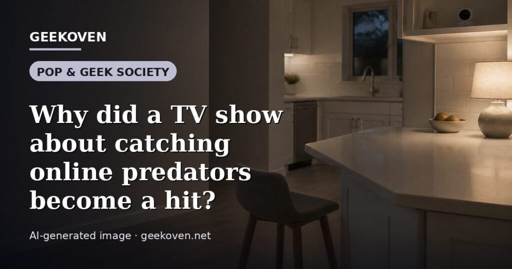 Illustration for the Pop & Geek Society article “Why did a TV show about catching online predators become a hit?”: an AI-generated editorial illustration showing a scene illustrating the subject of the article, with the headline set over it. Illustrative only, not a photograph of a real event.