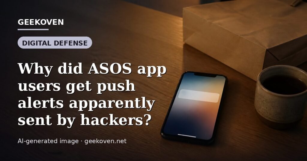 Illustration for the Digital Defense article “Why did ASOS app users get push alerts apparently sent by hackers?”: an AI-generated editorial illustration showing a scene illustrating the subject of the article, with the headline set over it. Illustrative only, not a photograph of a real event.