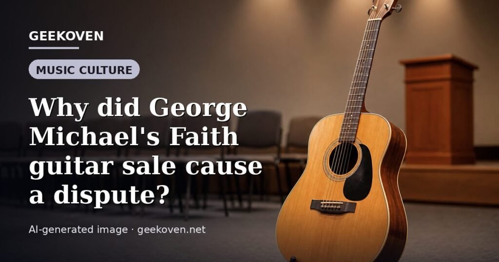 Illustration for the Music Culture article “Why did George Michael's Faith guitar sale cause a dispute?”: an AI-generated editorial illustration showing a scene illustrating the subject of the article, with the headline set over it. Illustrative only, not a photograph of a real event.