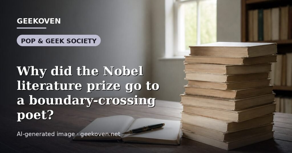 Illustration for the Pop & Geek Society article “Why did the Nobel literature prize go to a boundary-crossing poet?”: an AI-generated editorial illustration showing a scene illustrating the subject of the article, with the headline set over it. Illustrative only, not a photograph of a real event.