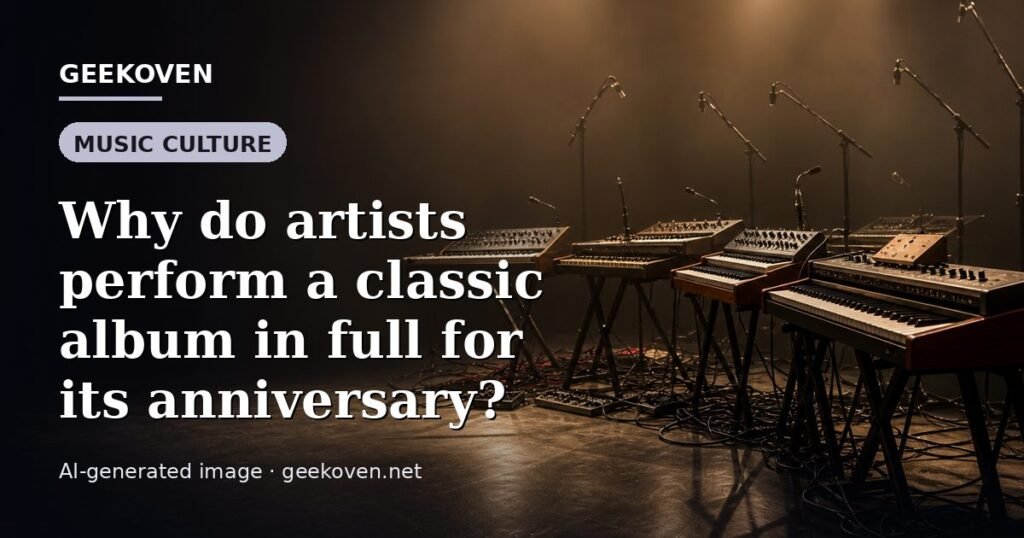 Illustration for the Music Culture article “Why do artists perform a classic album in full for its anniversary?”: an AI-generated editorial illustration showing a scene illustrating the subject of the article, with the headline set over it. Illustrative only, not a photograph of a real event.