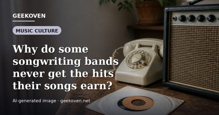 Illustration for the Music Culture article “Why do some songwriting bands never get the hits their songs earn?”: an AI-generated editorial illustration showing a scene illustrating the subject of the article, with the headline set over it. Illustrative only, not a photograph of a real event.