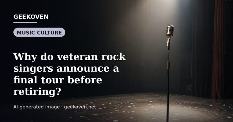 Illustration for the Music Culture article “Why do veteran rock singers announce a final tour before retiring?”: an AI-generated editorial illustration showing a scene illustrating the subject of the article, with the headline set over it. Illustrative only, not a photograph of a real event.