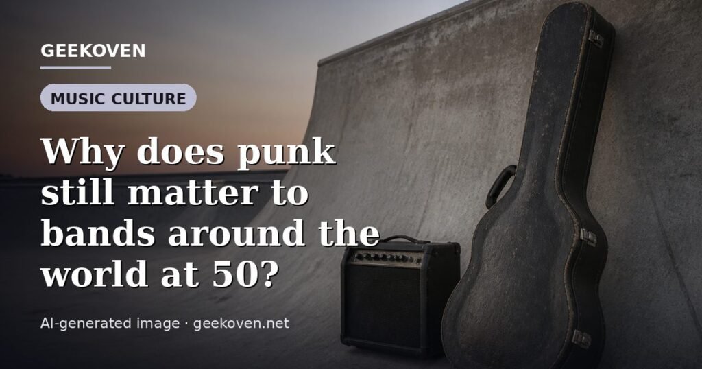 Illustration for the Music Culture article “Why does punk still matter to bands around the world at 50?”: an AI-generated editorial illustration showing a scene illustrating the subject of the article, with the headline set over it. Illustrative only, not a photograph of a real event.