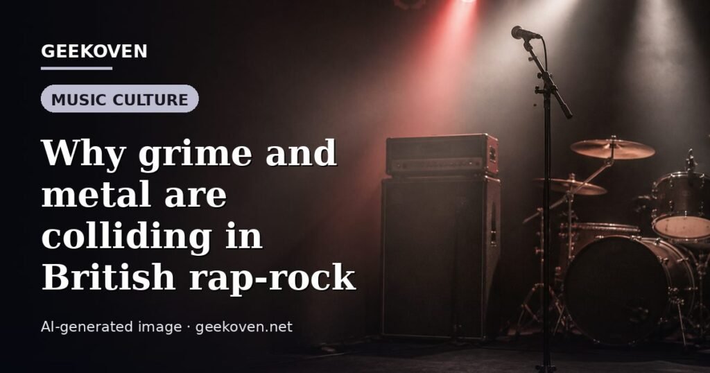 Illustration for the Music Culture article “Why grime and metal are colliding in British rap-rock”: an AI-generated editorial illustration showing a scene illustrating the subject of the article, with the headline set over it. Illustrative only, not a photograph of a real event.