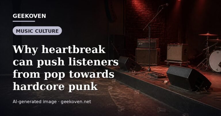 Illustration for the Music Culture article “Why heartbreak can push listeners from pop towards hardcore punk”: an AI-generated editorial illustration showing a scene illustrating the subject of the article, with the headline set over it. Illustrative only, not a photograph of a real event.