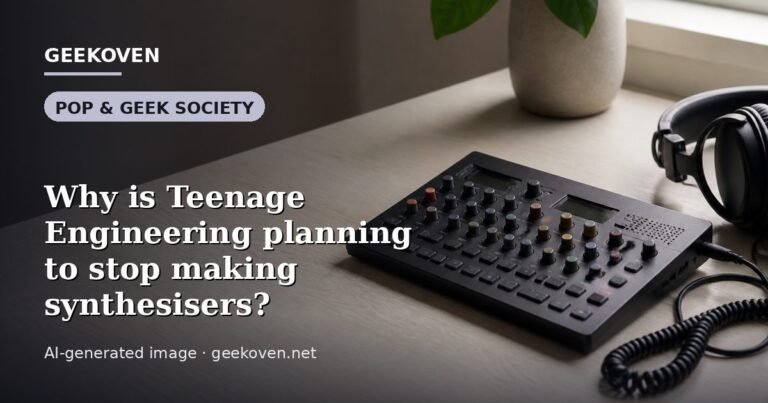 Illustration for the Pop & Geek Society article “Why is Teenage Engineering planning to stop making synthesisers?”: an AI-generated editorial illustration showing a scene illustrating the subject of the article, with the headline set over it. Illustrative only, not a photograph of a real event.