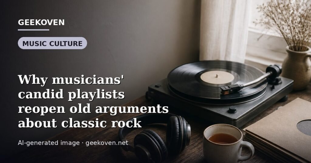 Illustration for the Music Culture article “Why musicians' candid playlists reopen old arguments about classic rock”: an AI-generated editorial illustration showing a scene illustrating the subject of the article, with the headline set over it. Illustrative only, not a photograph of a real event.