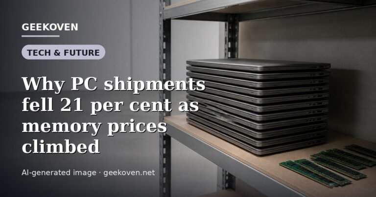 Illustration for the Tech & Future article “Why PC shipments fell 21 per cent as memory prices climbed”: an AI-generated editorial illustration showing a scene illustrating the subject of the article, with the headline set over it. Illustrative only, not a photograph of a real event.