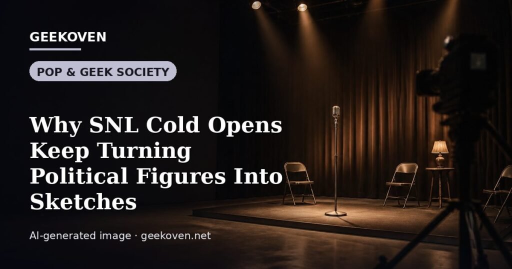 Illustration for the Pop & Geek Society article “Why SNL Cold Opens Keep Turning Political Figures Into Sketches”: an AI-generated editorial illustration showing a scene illustrating the subject of the article, with the headline set over it. Illustrative only, not a photograph of a real event.