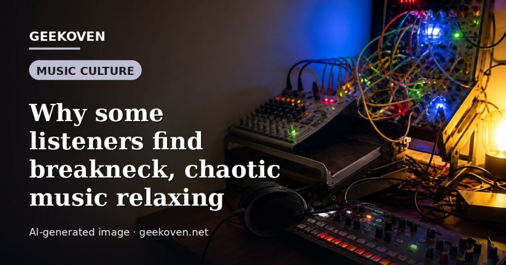 Illustration for the Music Culture article “Why some listeners find breakneck, chaotic music relaxing”: an AI-generated editorial illustration showing a scene illustrating the subject of the article, with the headline set over it. Illustrative only, not a photograph of a real event.