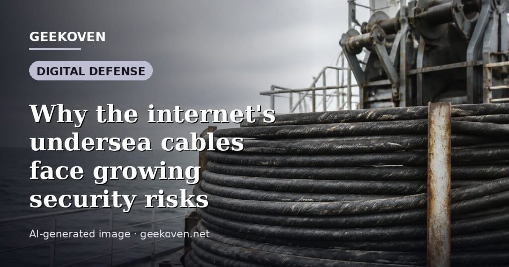Illustration for the Digital Defense article “Why the internet's undersea cables face growing security risks”: an AI-generated editorial illustration showing a scene illustrating the subject of the article, with the headline set over it. Illustrative only, not a photograph of a real event.