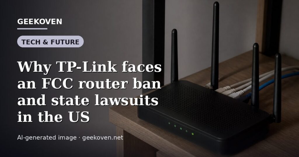 Illustration for the Tech & Future article “Why TP-Link faces an FCC router ban and state lawsuits in the US”: an AI-generated editorial illustration showing a scene illustrating the subject of the article, with the headline set over it. Illustrative only, not a photograph of a real event.