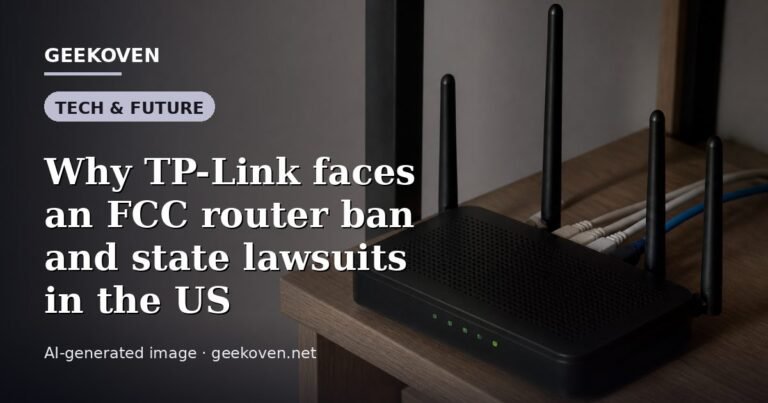 Illustration for the Tech & Future article “Why TP-Link faces an FCC router ban and state lawsuits in the US”: an AI-generated editorial illustration showing a scene illustrating the subject of the article, with the headline set over it. Illustrative only, not a photograph of a real event.