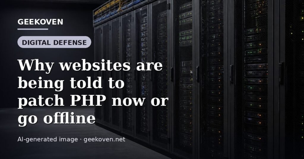 Illustration for the Digital Defense article “Why websites are being told to patch PHP now or go offline”: an AI-generated editorial illustration showing a scene illustrating the subject of the article, with the headline set over it. Illustrative only, not a photograph of a real event.
