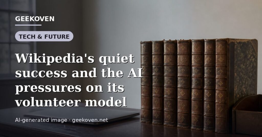 Illustration for the Tech & Future article “Wikipedia's quiet success and the AI pressures on its volunteer model”: an AI-generated editorial illustration showing a scene illustrating the subject of the article, with the headline set over it. Illustrative only, not a photograph of a real event.