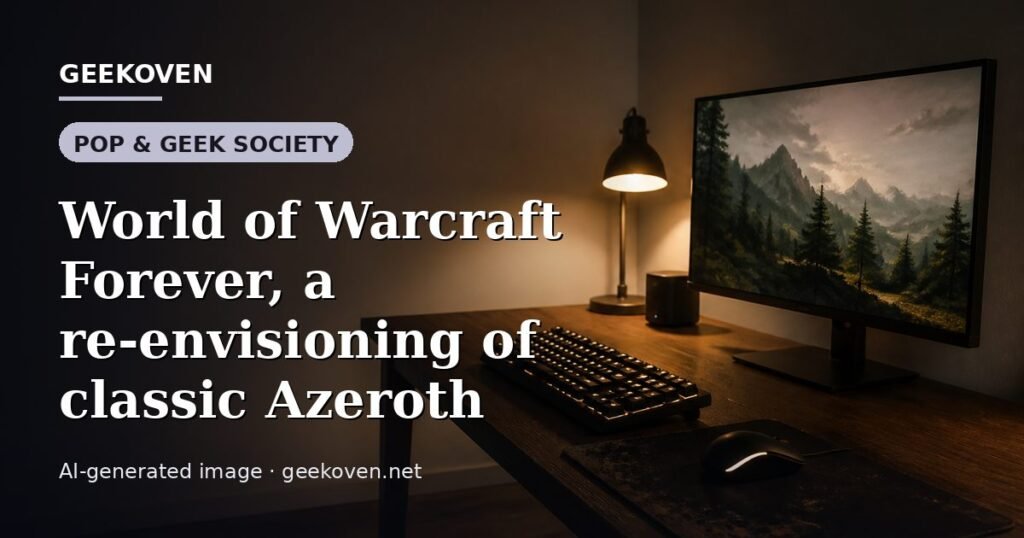 Illustration for the Pop & Geek Society article “World of Warcraft Forever, a re-envisioning of classic Azeroth”: an AI-generated editorial illustration showing a studio workspace seen from above, with a production timeline across the wall, with the headline set over it. Illustrative only, not a photograph of a real event.