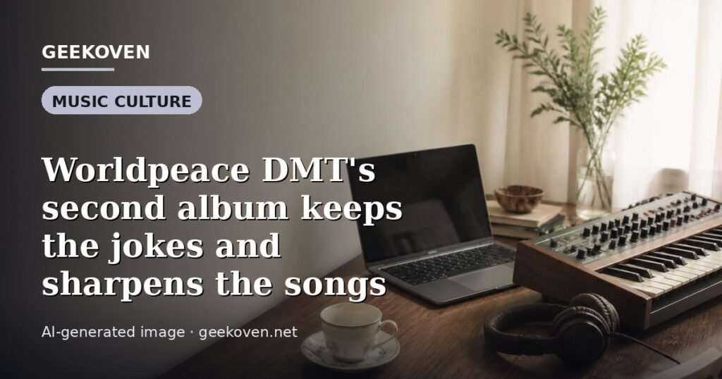 Illustration for the Music Culture article “Worldpeace DMT's second album keeps the jokes and sharpens the songs”: an AI-generated editorial illustration showing a scene illustrating the subject of the article, with the headline set over it. Illustrative only, not a photograph of a real event.
