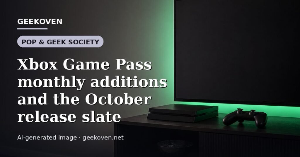 Illustration for the Pop & Geek Society article “Xbox Game Pass monthly additions and the October release slate”: an AI-generated editorial illustration showing a studio workspace seen from above, with a production timeline across the wall, with the headline set over it. Illustrative only, not a photograph of a real event.