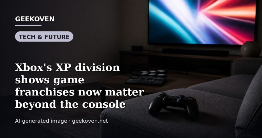 Illustration for the Tech & Future article “Xbox's XP division shows game franchises now matter beyond the console”: an AI-generated editorial illustration showing a studio workspace seen from above, with a production timeline across the wall, with the headline set over it. Illustrative only, not a photograph of a real event.